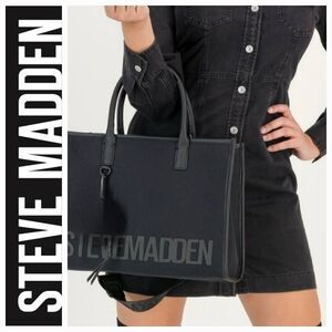 Steve Madden BLivia Logo Canvas Tote Bag w/Wristlet & Coin Wallet- Black